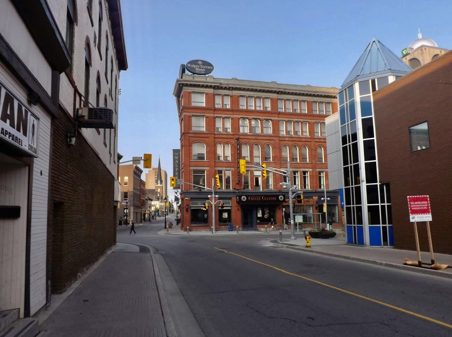 The red-brick Walper Terrace Hotel at the end of Queen Street North, Kitchener